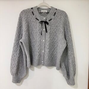 WAYF‎ Cable Knit Cardigan Women XL Grey Pearl Button Bow Accent | Coquette